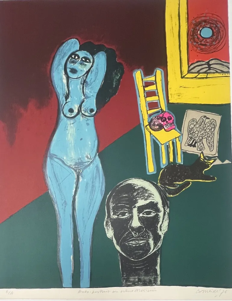 Litografia Corneille -  Lithographie Autoportrait au crâne Mexicain 1976 E/A