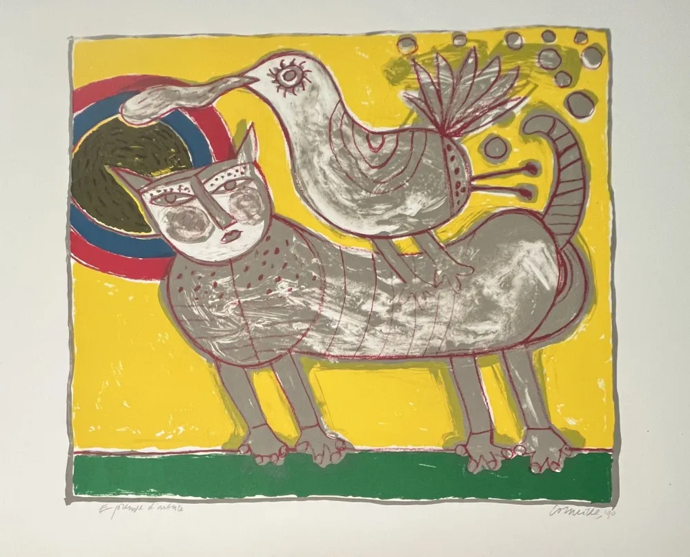 Litografia Corneille -  Lithographie Chat et oiseau - Au coeur de l'été - 1990
