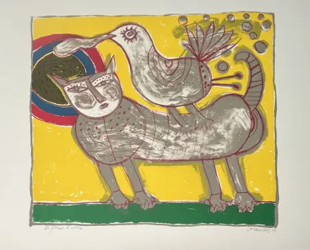 Litografia Corneille -  Lithographie Chat et oiseau - Au coeur de l'été - 1990