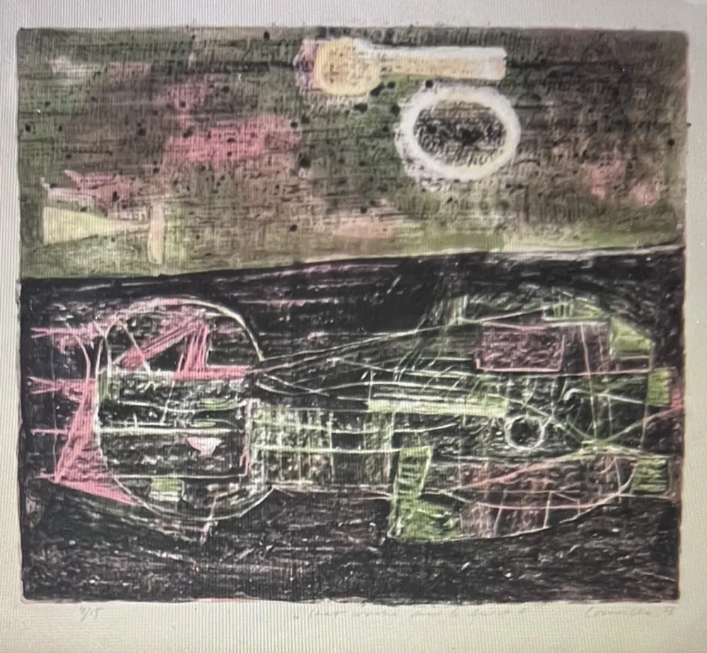 Litografia Corneille -  Lithographie encadrée Chat couché dans le désert 1953