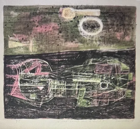 Litografia Corneille -  Lithographie encadrée Chat couché dans le désert 1953