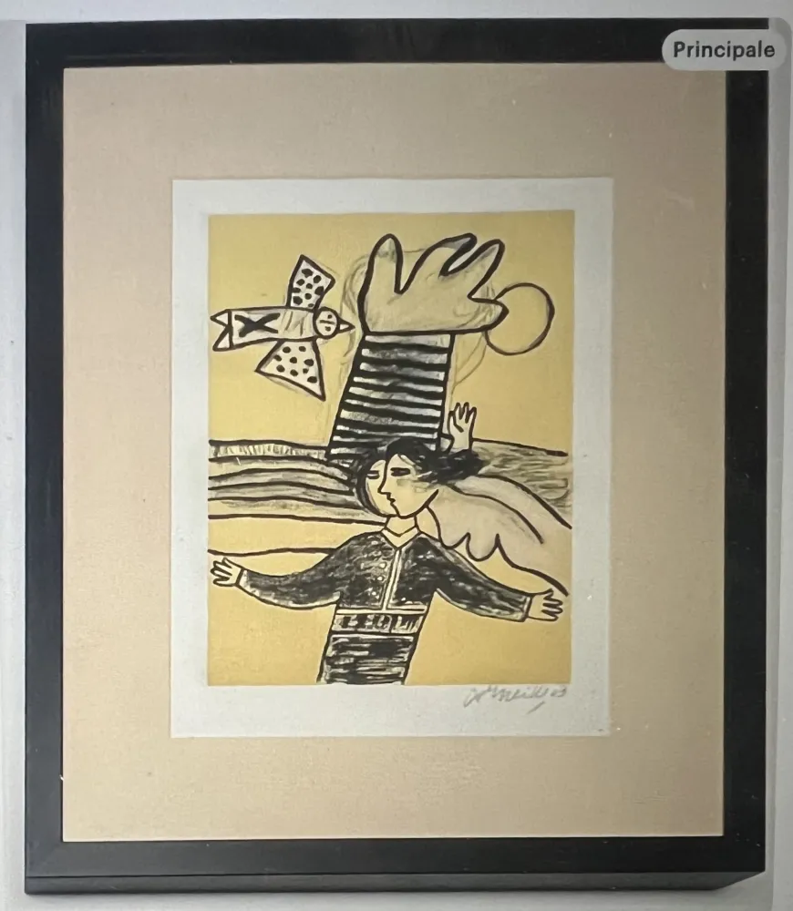 Litografia Corneille - Lithographie encadrée Femme et oiseau  - A la plage 2002