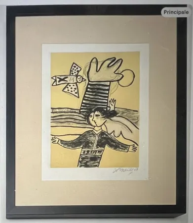 Litografia Corneille - Lithographie encadrée Femme et oiseau  - A la plage 2002