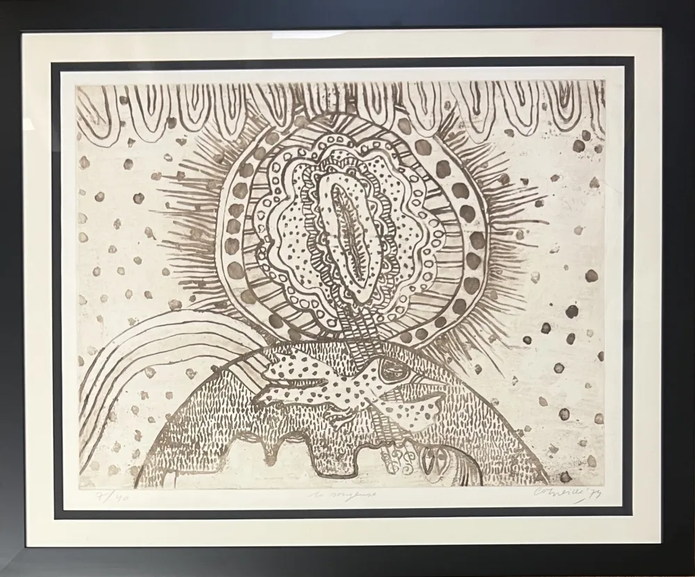 Litografia Corneille - Lithographie encadrée La songeuse, 1974 - Titrage numéroté à 40 ex. 