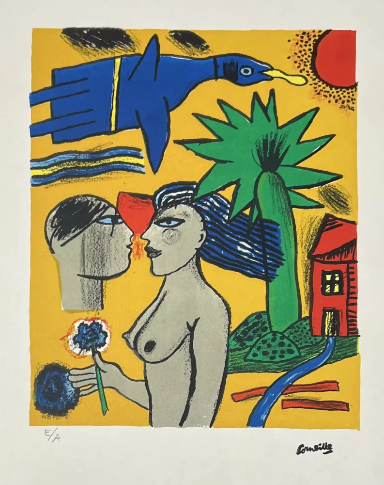 Litografia Corneille - Lithographie Femmes et oiseau, 1998
