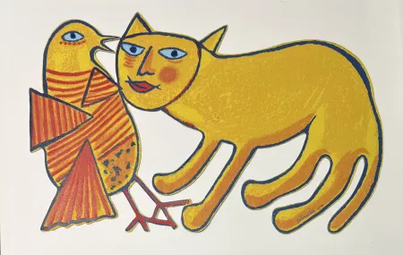 Múltiplo Corneille - Sculpture en métal : Chat et oiseau