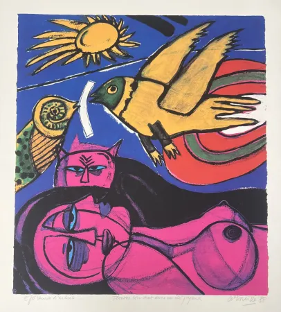 Serigrafia Corneille - Sérigraphie Femme avec chat dans un été joyeux, 1988
