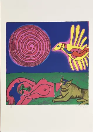 Serigrafia Corneille - Sérigraphie Femme, Chat et oiseau, 1994