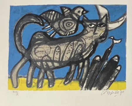 Serigrafia Corneille - Sérigraphie signée, Chat sur partition de musique , 1990