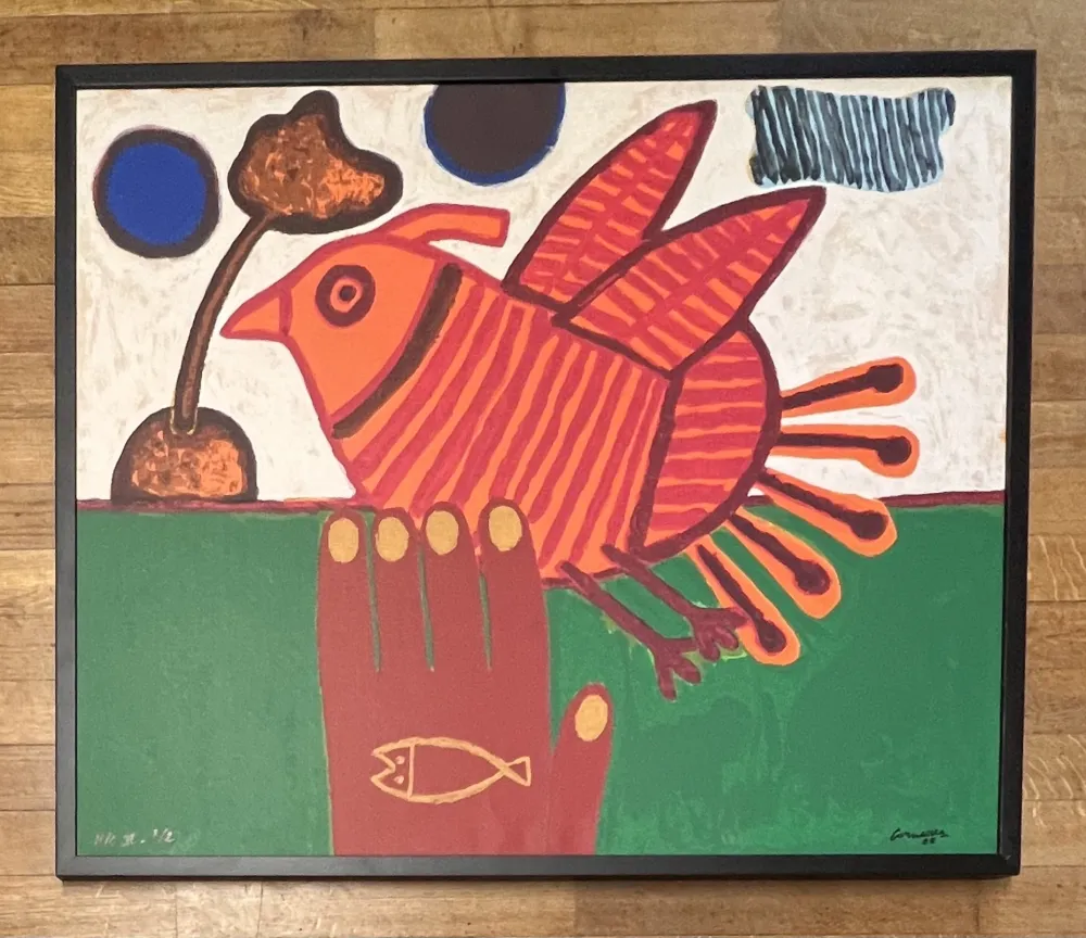 Serigrafia Corneille - Sérigraphie sur toile signée Oiseau Libre Cobra - Encadrée