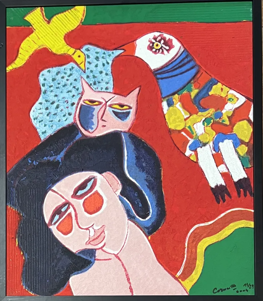 Múltiplo Corneille - Terragraphie signée sur toile Femme Chat Oiseau