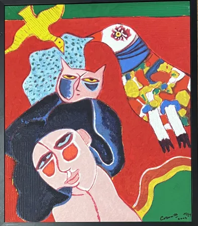 Múltiplo Corneille - Terragraphie signée sur toile Femme Chat Oiseau