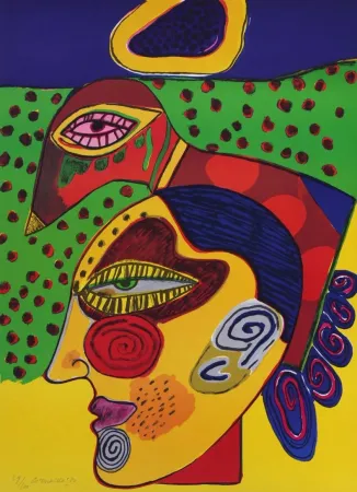 Litografia Corneille - Tête de femme et oiseau pensif