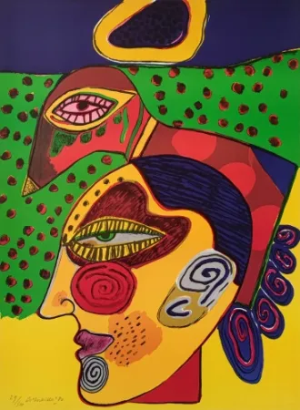 Litografia Corneille - Tête de femme et oiseau pensif