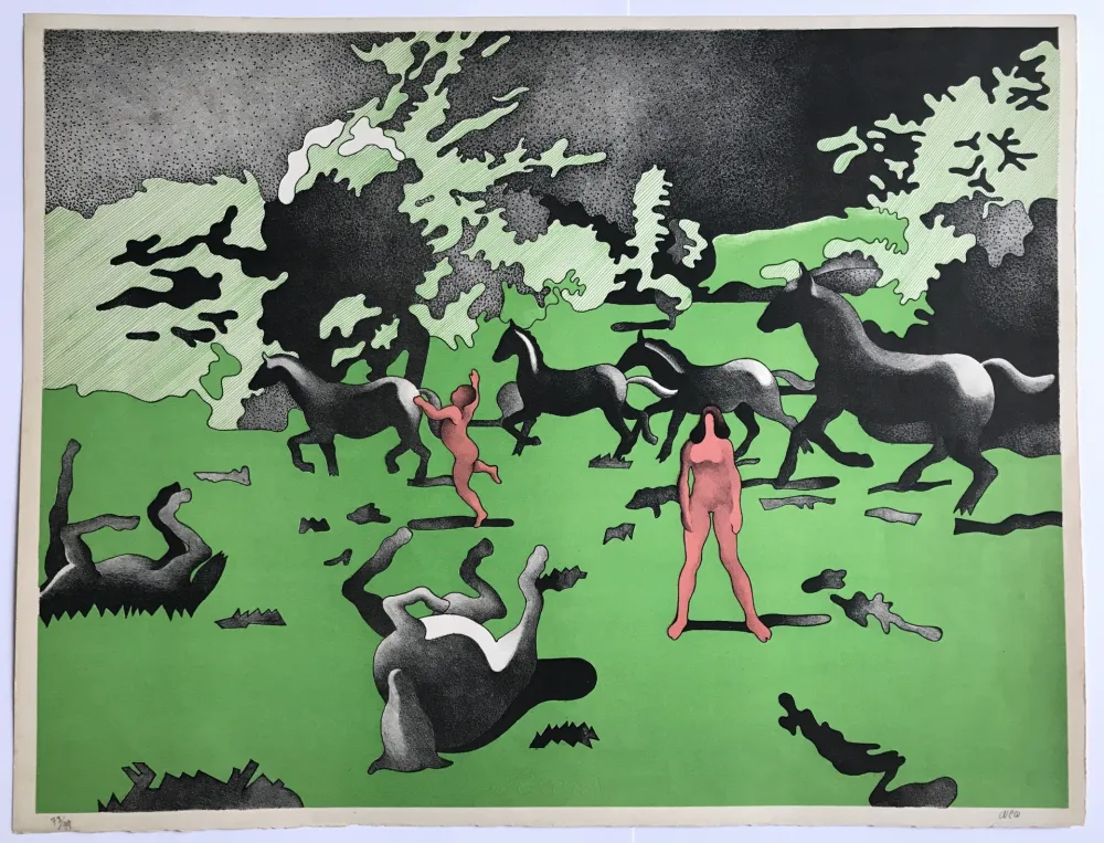 Litografia Cueco - Sans titre (chevaux et bergers)