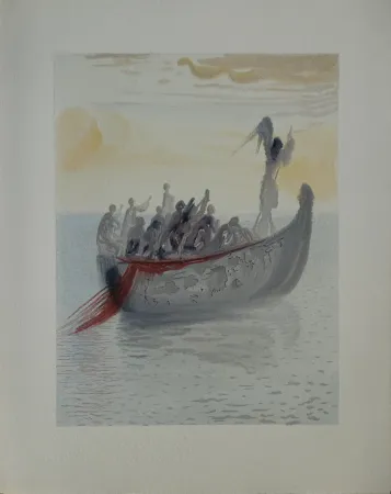 Xilogravura Dali - Divine Comédie, Purgatoire 2, La barque du nocher