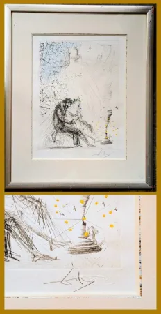Sem Técnica Dali - Rare Hand-Signed mixed media(gouache, etching)-Couple with a candle (Couple a la bougie) - Original Gouache on Hand-Signed Etching ( Field 68-2 D; Michler/Löpsinger 251), 1968