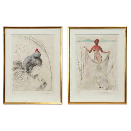 Ponta-Seca Dali - Salvador Dalí (1904–1989) - “Femme a la Chaussure” and “La Femme tentant un voile” from the suite “Venus aux fourrures” - Hand watercolored drypoint etching on Japanese paper - 1969