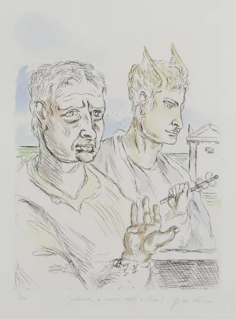 Serigrafia De Chirico - Giorgio De Chirico (1888–1978) - Autoritratto con mercurio - Hand-colored engraving by the artist - 1969