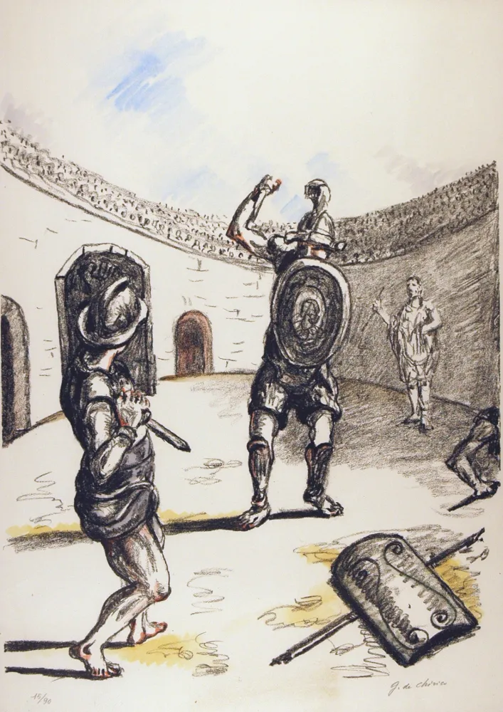 Litografia De Chirico - Gladiatori nell'arena