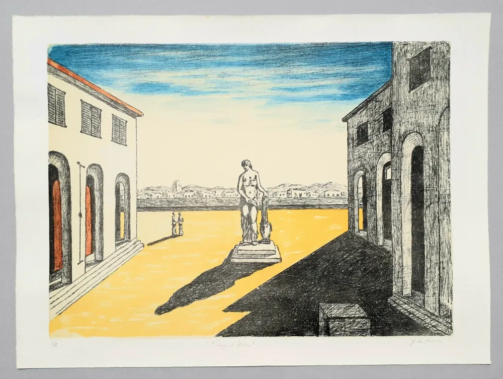 Litografia De Chirico - Piazza d'Italia con efebo