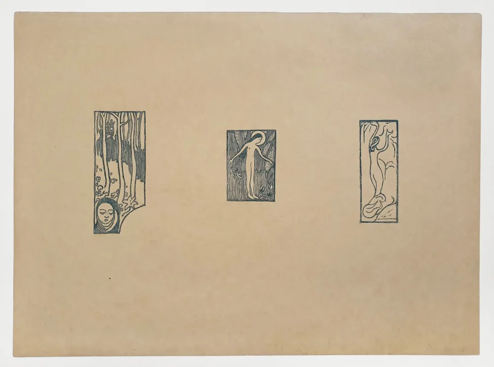 Xilogravura Denis - Femme dans un bois / Ange nue / Femme nue de dos 