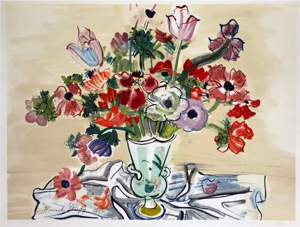 Litografia Dufy - ANÉMONES (1942).