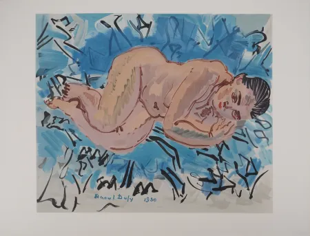 Litografia Dufy - Nu sur un fond bleu