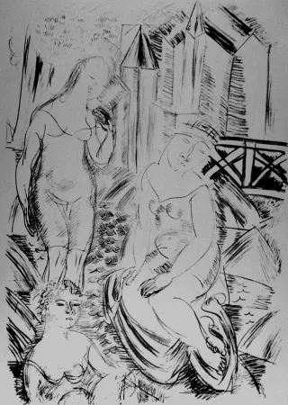 Litografia Dufy - Trois baigneuses devant le port de Sainte-Adresse
