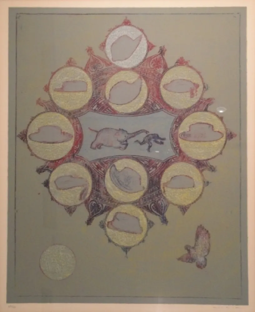 Litografia Ernst - Le singe poursuivi par un éléphant pour un vol de chapeau