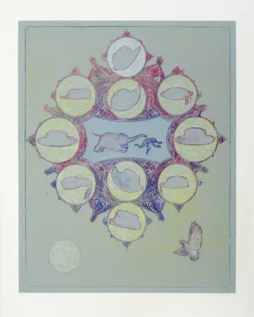 Litografia Ernst - Singe poursuivit par un éléphant