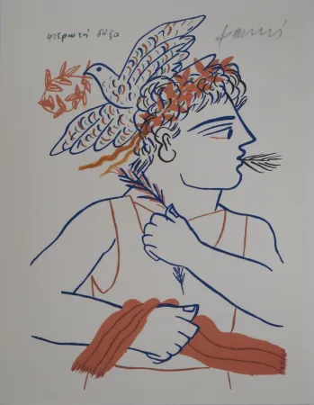 Litografia Fassianos - Athlète vainqueur et colombe de la paix