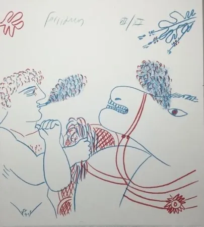 Litografia Fassianos - Le fumeur de cigarettes et le cheval