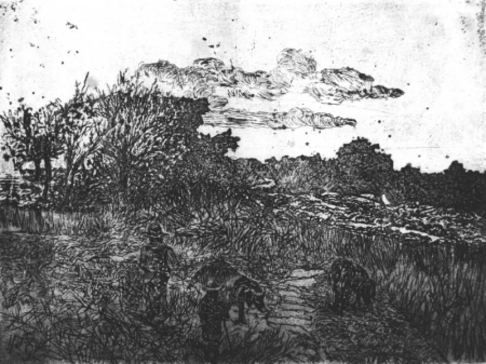 Água-Forte Fattori - Paese al tramonto (con guardiani di porci)