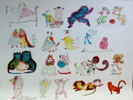 Litografia Fini - 24 Chats et un Oiseau