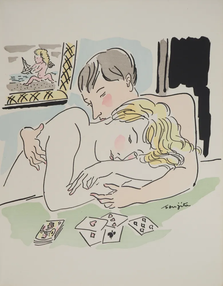 Gravura Foujita - Amoureux au jeu de cartes