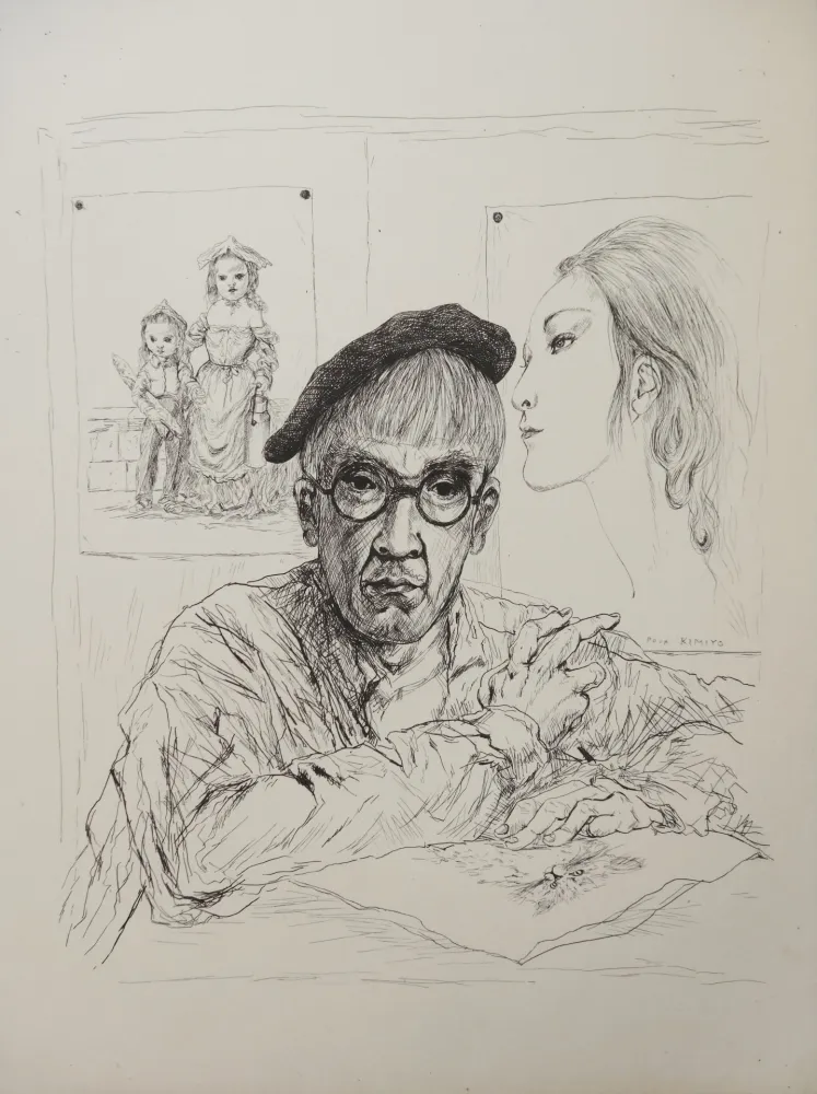 Gravura Foujita - Autoportrait au béret avec sa femme Kimiyo