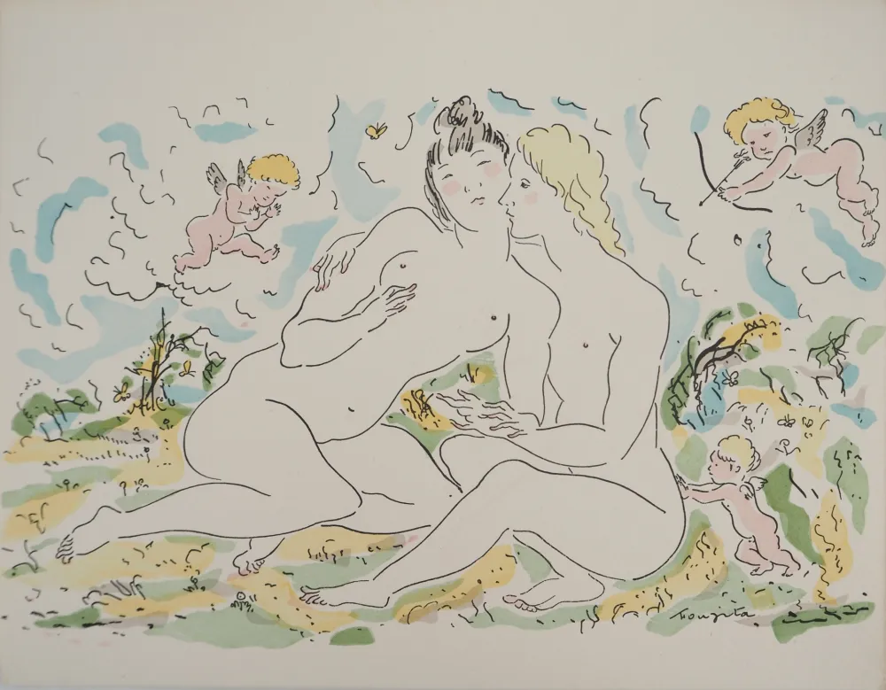 Gravura Foujita - Couple de femmes et chérubins