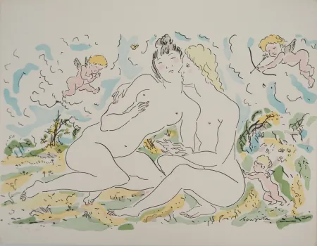 Gravura Foujita - Couple de femmes et chérubins
