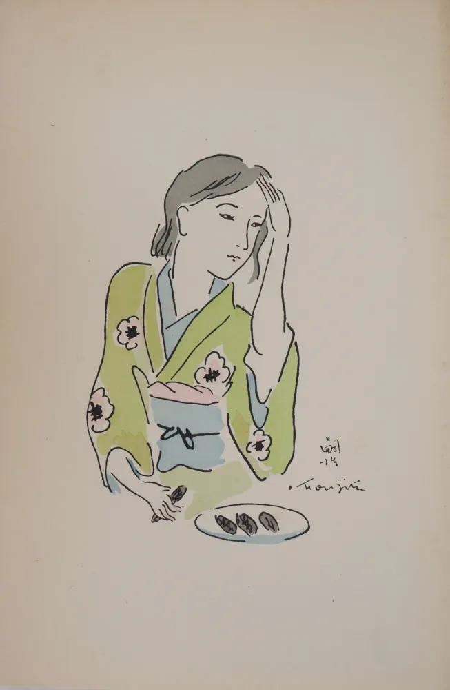 Gravura Foujita - Femme en kimono se coiffant