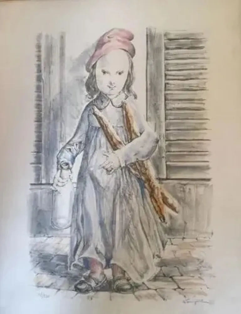 Litografia Foujita -  ''Fillette aux baguettes de pains'' ou ''Le matin'' circa 1956
