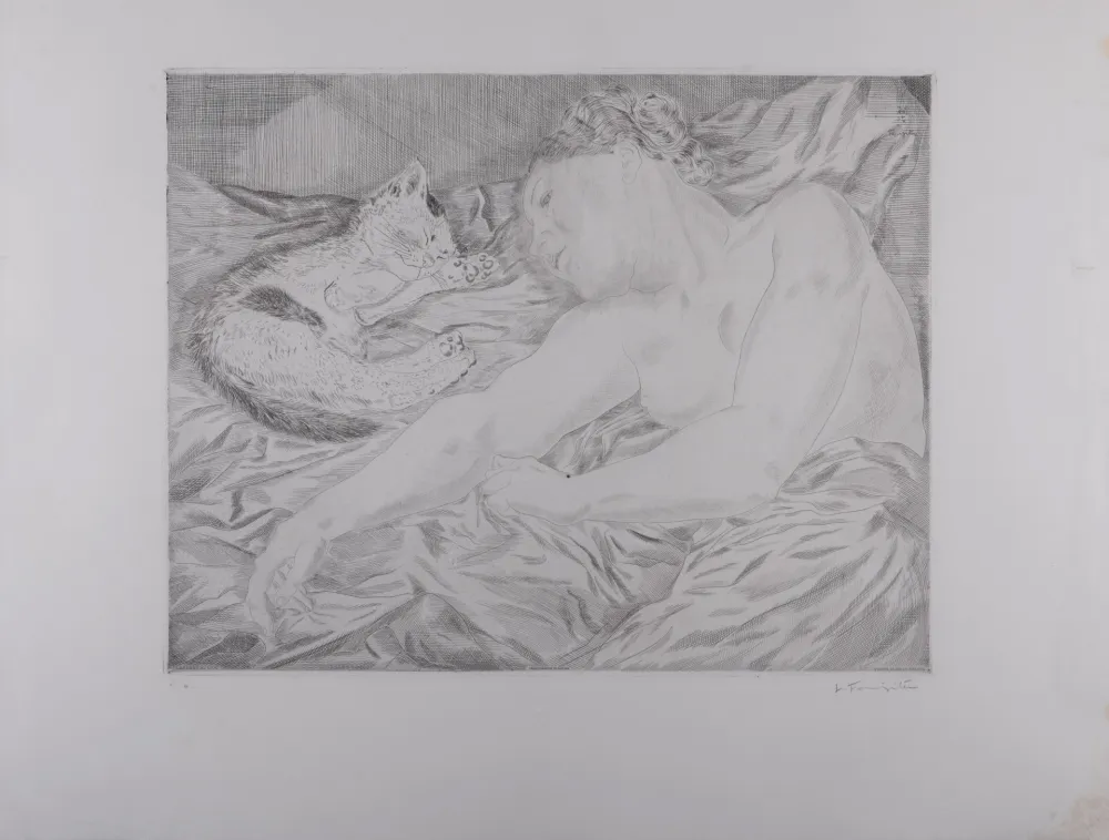 Gravura Foujita - La Femme au chat, 1927 - Hand-signed