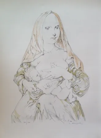 Litografia Foujita - MATERNITE AU VOILE ROUGE  (1964)