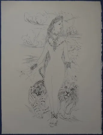 Água-Forte Foujita - Rivière enchantée - Femme aux félins