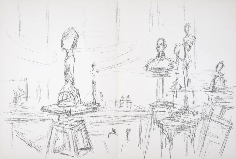 Litografia Giacometti - Atelier et sculptures, 1961