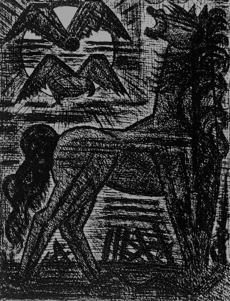 Água-Forte Gromaire - Présage, cheval noir, et oiseaux de nuit