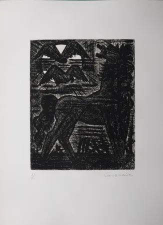 Água-Forte Gromaire - Présages, cheval noir et oiseaux de nuit, 1958