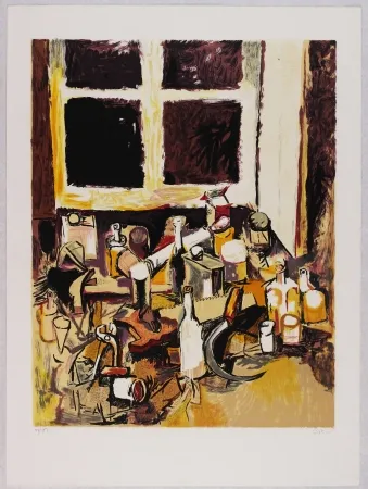 Litografia Guttuso - Oggetti sul tavolo e finestra di sera