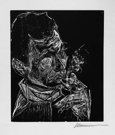 Xilogravura Hansen-Bahia - Selbstbildnis, rauchend / Self-Portrait, Smoking
