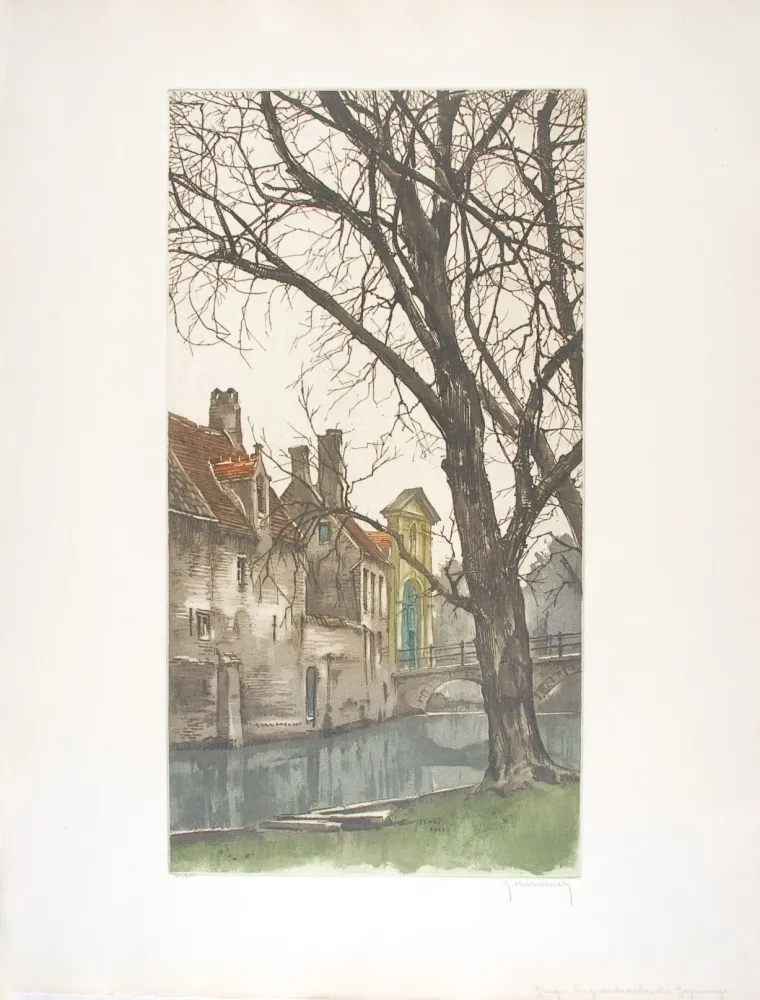 Água-Forte Hebbelinck - Bruges : Les grands arbres du Béguinage.